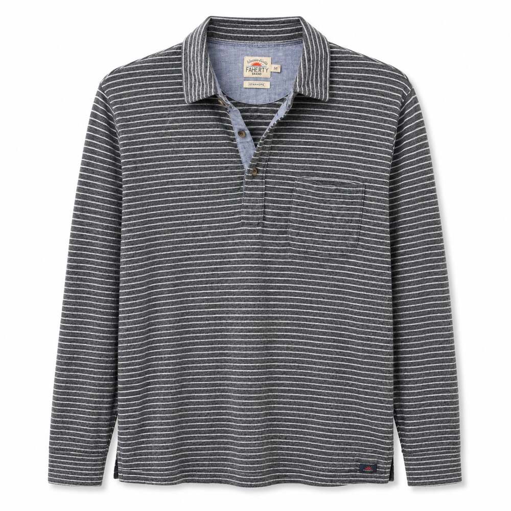 Faherty Brand Stanhope Long Sleeve Polo Shirt Gray Striped Size M